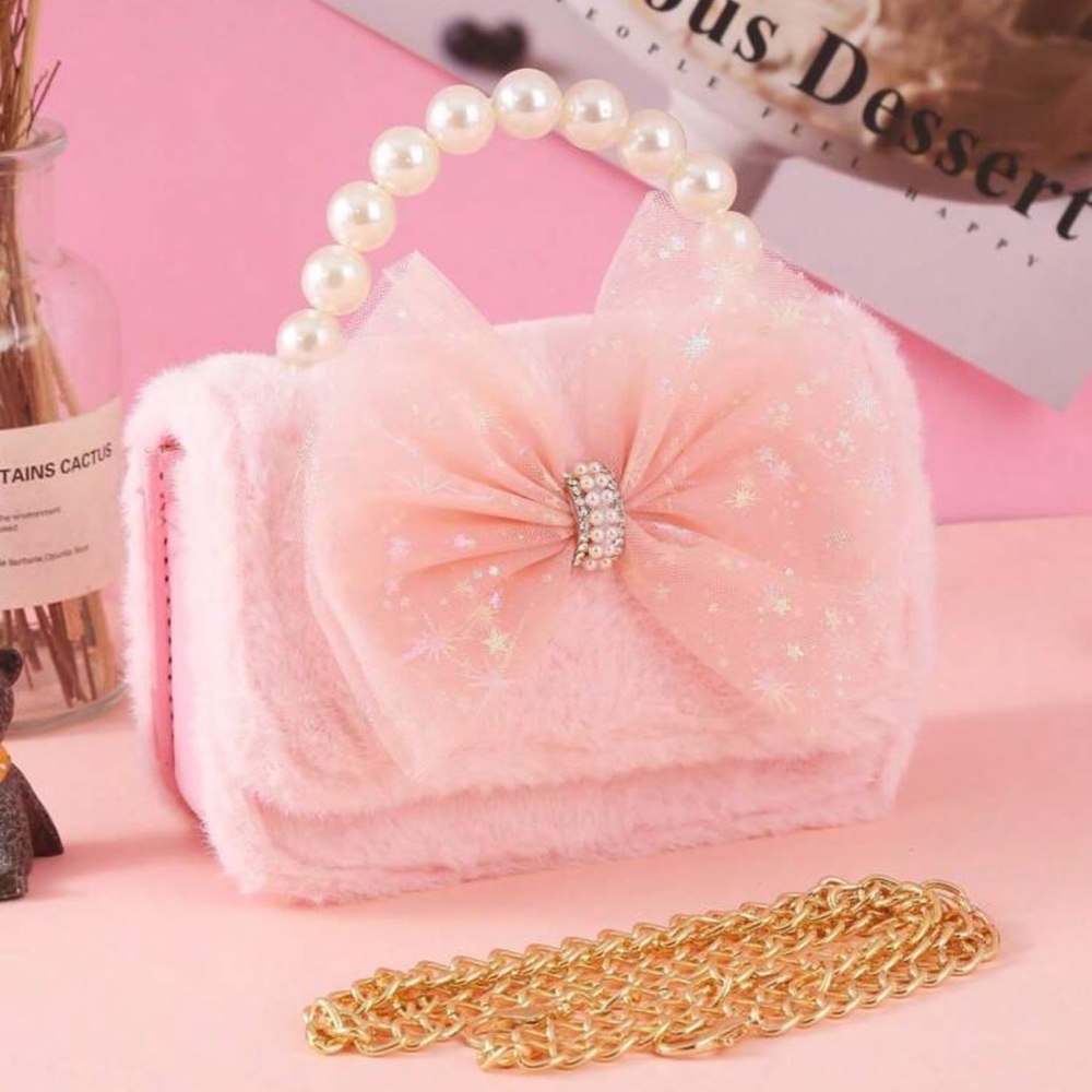 Pink Faux Fur Handbag with Pearl Handle